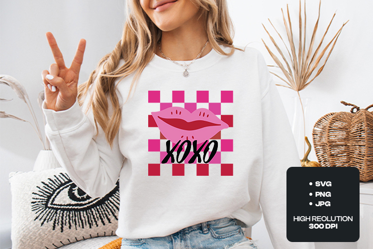 XOXO Pink Lips SVG - Retro Checkered Valentine Lips PNG
