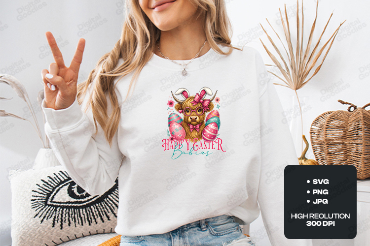 Highland Cow Easter SVG - Cute Heifer with Bunny Ears PNG