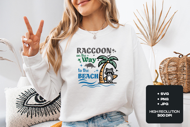 Raccoon on the Way to the Beach Summer Sublimation PNG