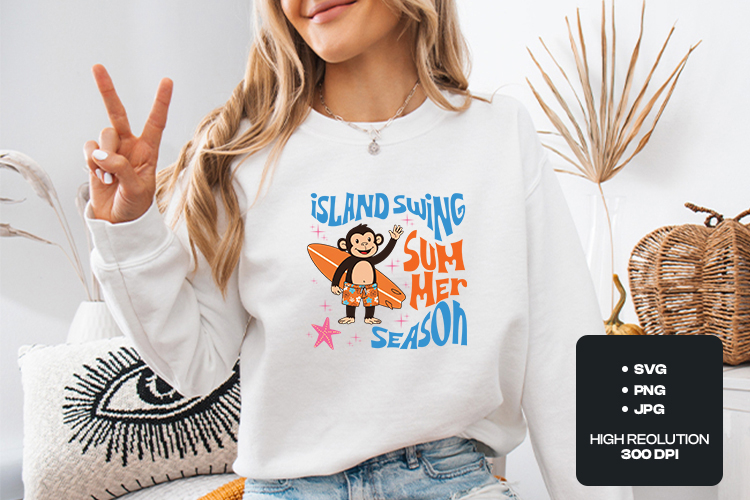 Island Swing Monkey SVG - Surfing Chimp Summer Beach PNG