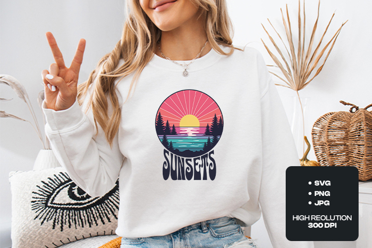 Retro Sunset Lake PNG - Vintage Nature Sublimation Graphic