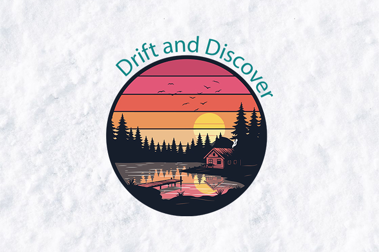 Retro Sunset Lake Cabin Logo - Drift and Discover SVG