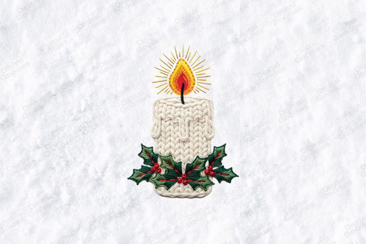 Knit Candle Holly Embroidery SVG | Cozy Christmas Light