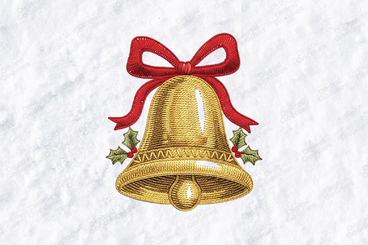 Christmas Bell Embroidery SVG | Golden Holly Ribbon Art