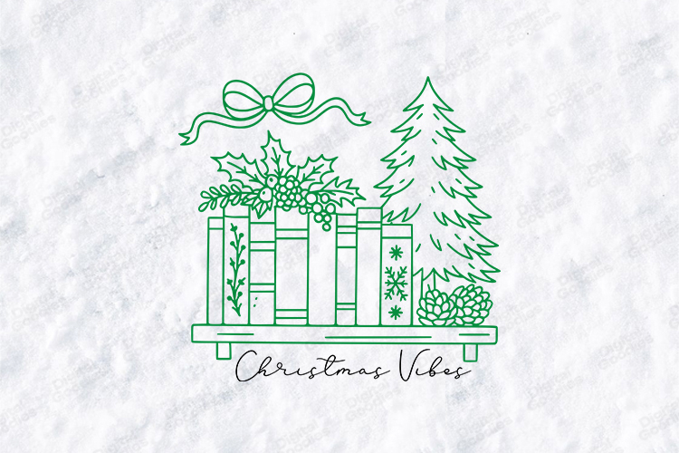 Christmas Vibes Bookshelf Line Art SVG | Book Lover