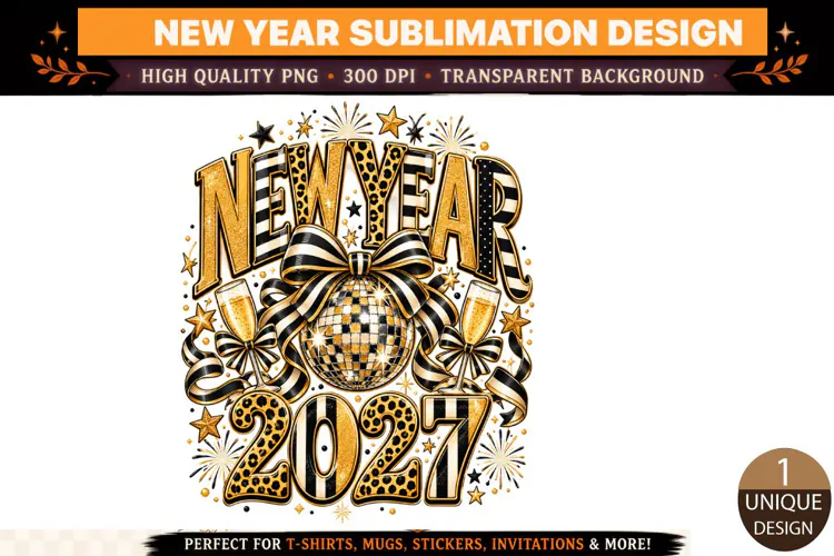 2027 Happy New Year PNG, Black Gold Leopard Print Sublimatio