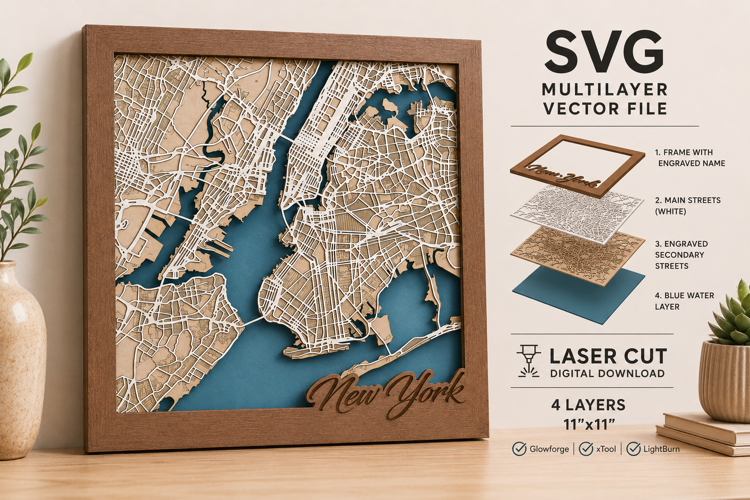 New York USA Layered City Map SVG | 4 Layer Laser Cut SVG