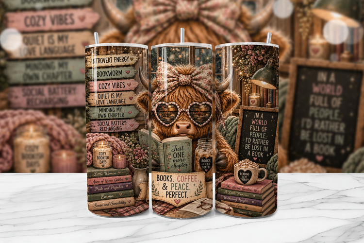 Bookworm Highland Cow Tumbler Wrap PNG