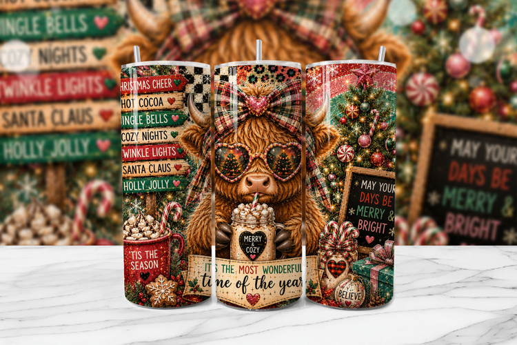 Christmas Highland Cow Tumbler Wrap PNG