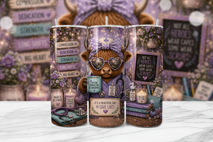 Purple Nurse Highland Cow Tumbler Wrap