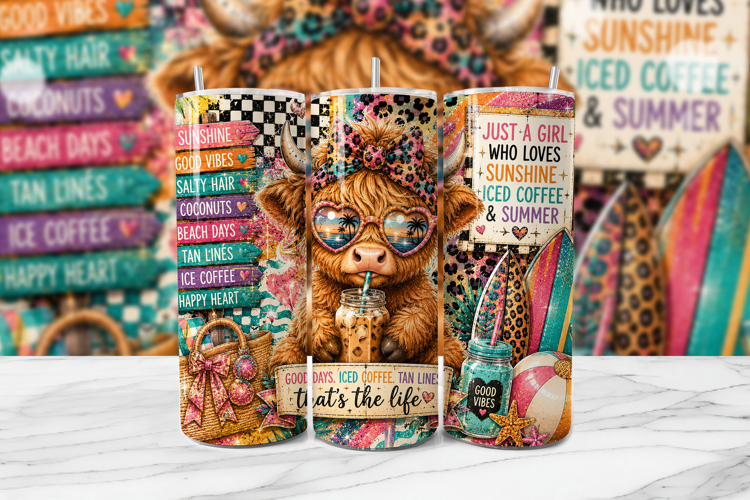 Summer Highland Cow Tumbler Wrap PNG