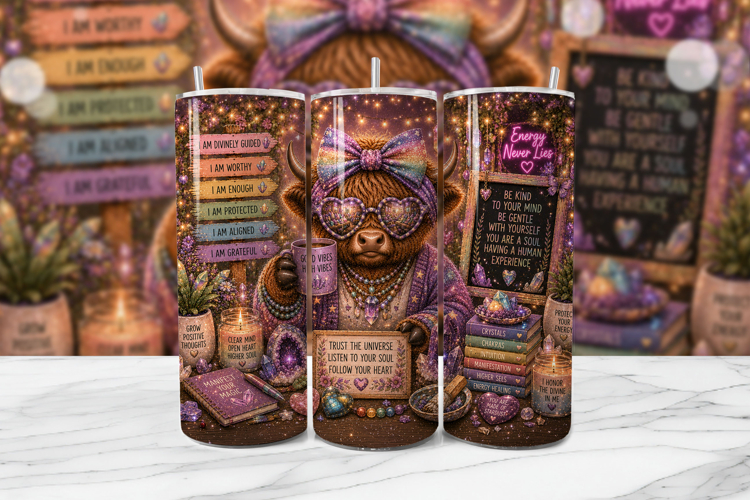 Spiritual Highland Cow Tumbler Wrap PNG