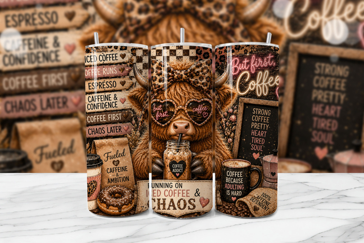 Highland Cow Coffee Tumbler Wrap PNG