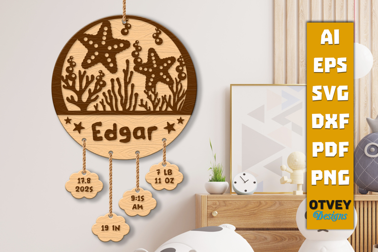 Newborn Baby Personalized Sign with Sea Animals Laser Cut