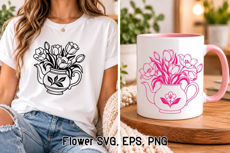 Tulip Teapot Floral SVG Design | Flower SVG example image 1