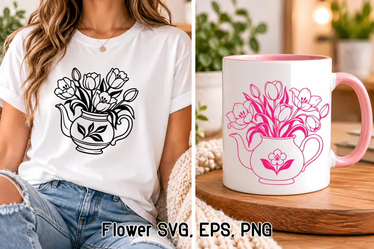 Tulip Teapot Floral SVG Design | Flower SVG
