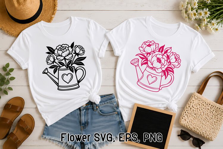 Floral Watering Can Peony SVG Design | Flower SVG example image 1