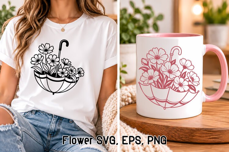 Flowers in Umbrella SVG Design | Flower SVG example image 1