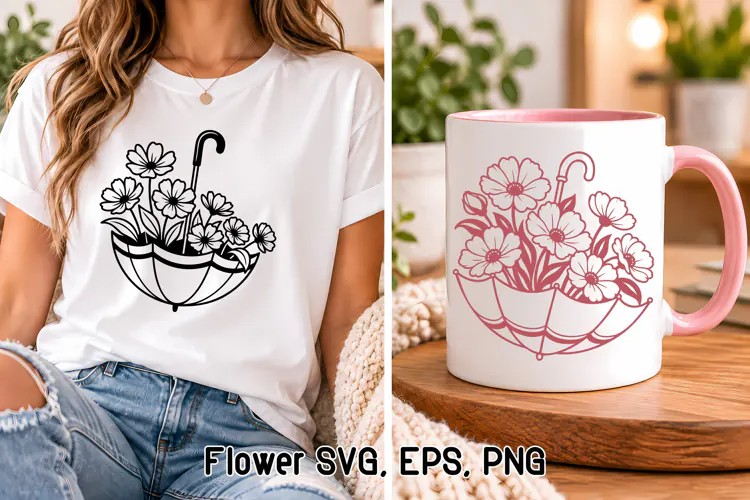 Flowers in Umbrella SVG Design | Flower SVG
