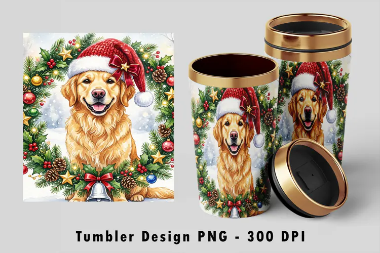 Christmas Golden Retriever Tumbler Sublimation PNG 300 DPI