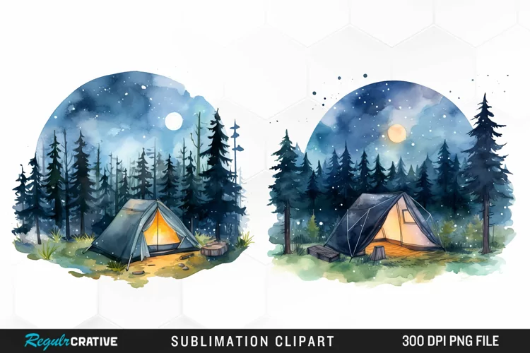 Watercolor Night Tents Design Clipart