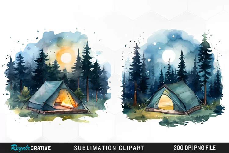 Watercolor Night Tents Design Clipart