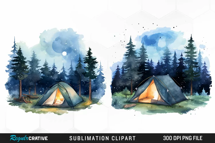 Watercolor Night Tents Design Clipart