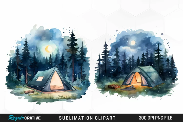 Watercolor Night Tents Design Clipart