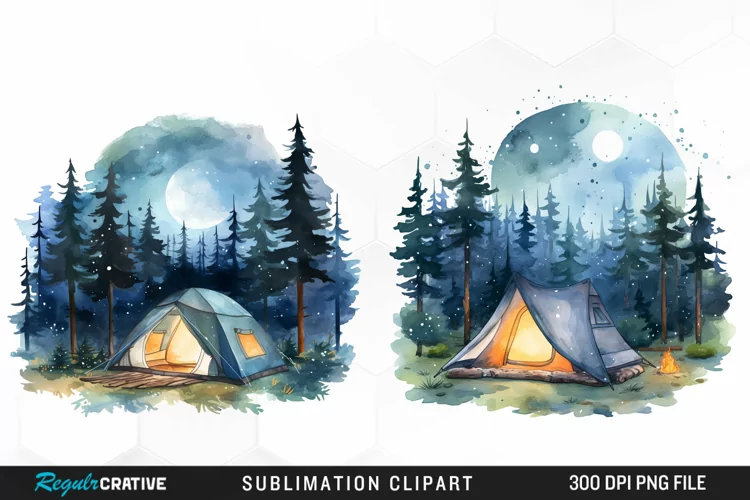 Watercolor Night Tents Design Clipart