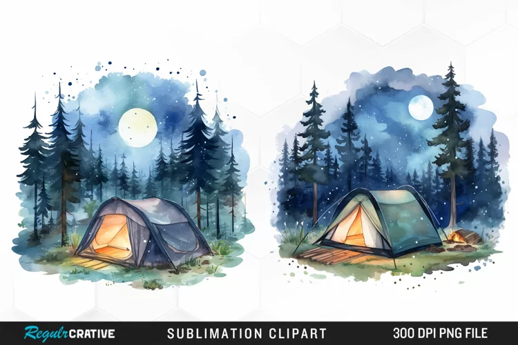 Watercolor Night Tents Design Clipart