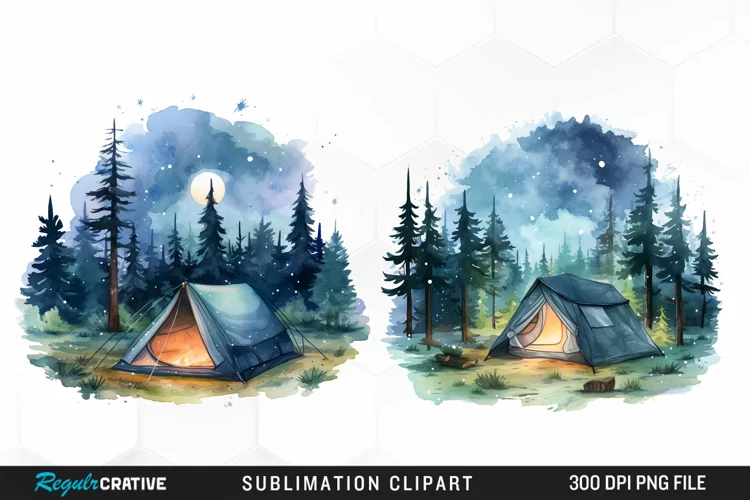 Watercolor Night Tents Design Clipart