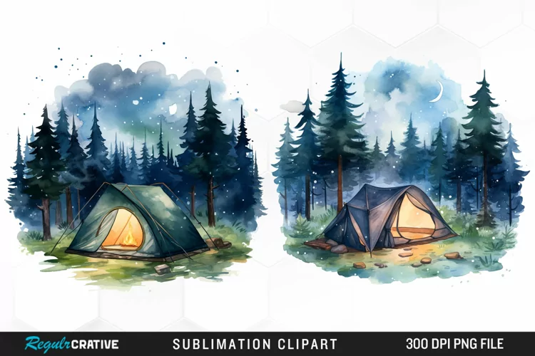 Watercolor Night Tents Design Clipart