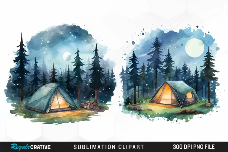 Watercolor Night Tents Design Clipart