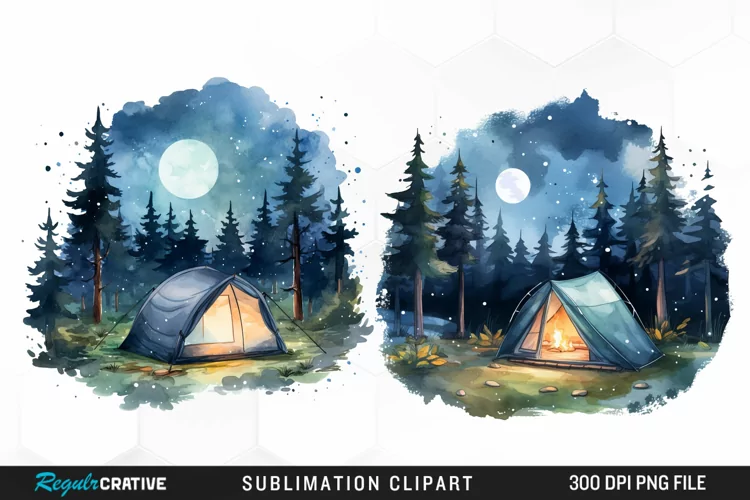 Watercolor Night Tents Design Clipart