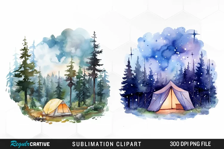 Watercolor Night Tents Design Clipart