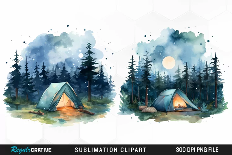 Watercolor Night Tents Design Clipart