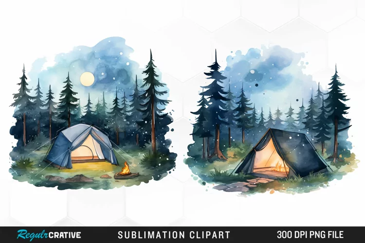 Watercolor Night Tents Design Clipart