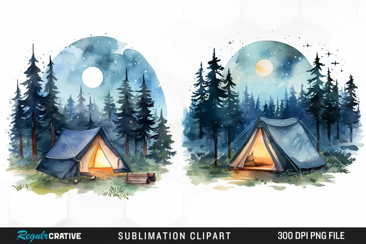 Watercolor Night Tents Design Clipart
