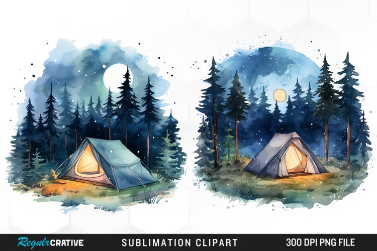 Watercolor Night Tents Design Clipart