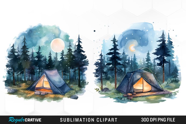 Watercolor Night Tents Design Clipart