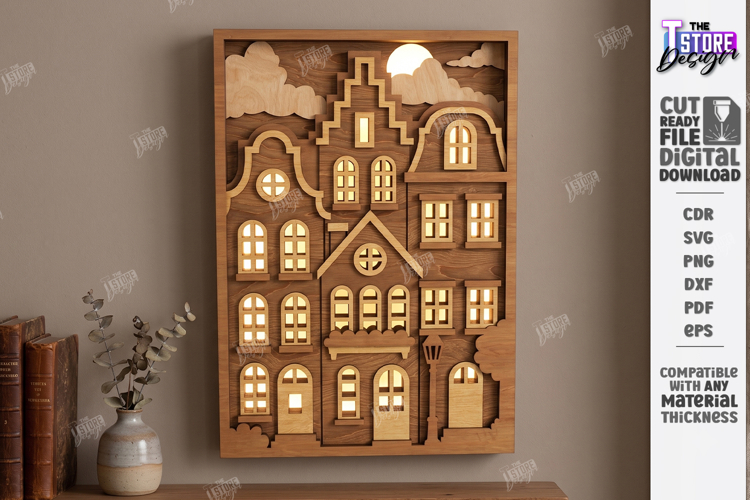 3D Layered Cityscape Night Light Laser Cut | Wall Lightbox