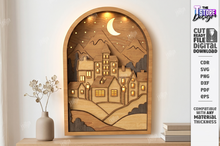 3D Layered Cityscape Night Light Laser Cut | Wall Lightbox