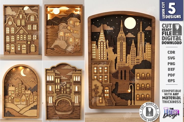 3D Layered Cityscape Night Light Laser Cut Bundle | Lightbox