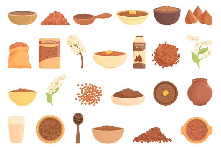 Buckwheat icons set cartoon vector. Agriculture cereal