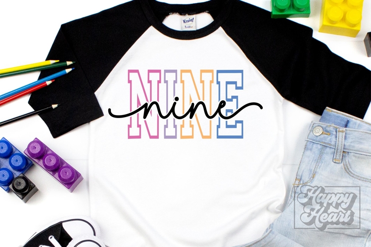 Nine Birthday Girl SVG - 9th Birthday Girl Varsity Font PNG