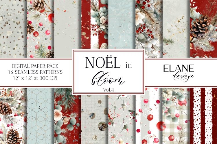 Christmas Floral Digital Paper, Berries and Pine Patterns