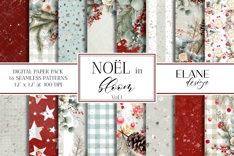Christmas Digital Paper, Winter Floral Seamless Patterns