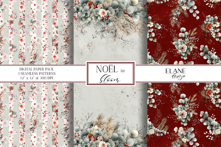 Christmas Digital Paper, Winter Floral Seamless Patterns