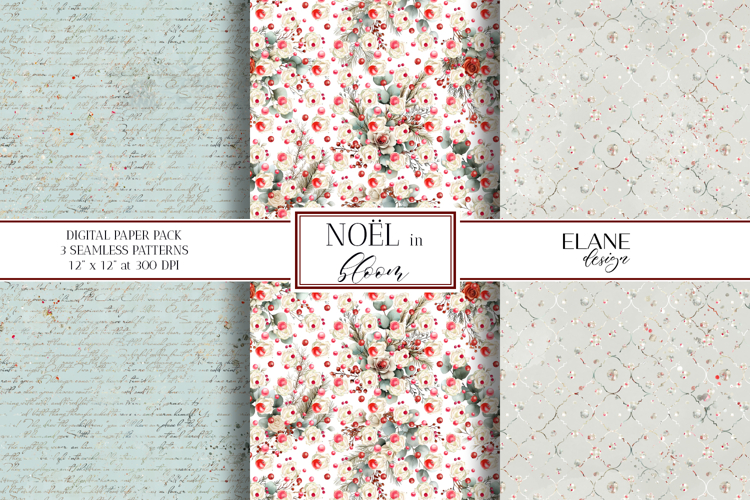 Christmas Digital Paper, Winter Floral Seamless Patterns