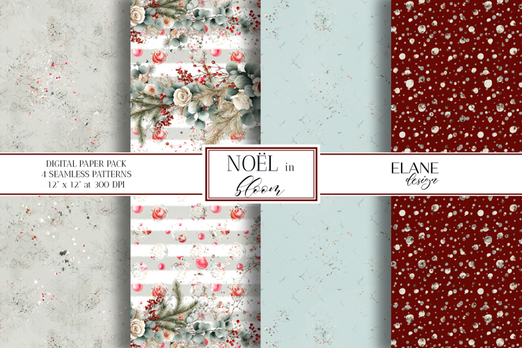 Christmas Digital Paper, Winter Floral Seamless Patterns